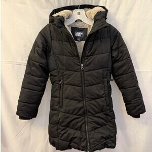 Lands' End Girls Black Hooded Puffer Coat Size Med/ 8 Sherpa Lined Winter Parka